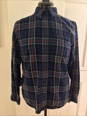 L.L. Bean Blue Plaid Button-Down Shirt with Green & Red Accents